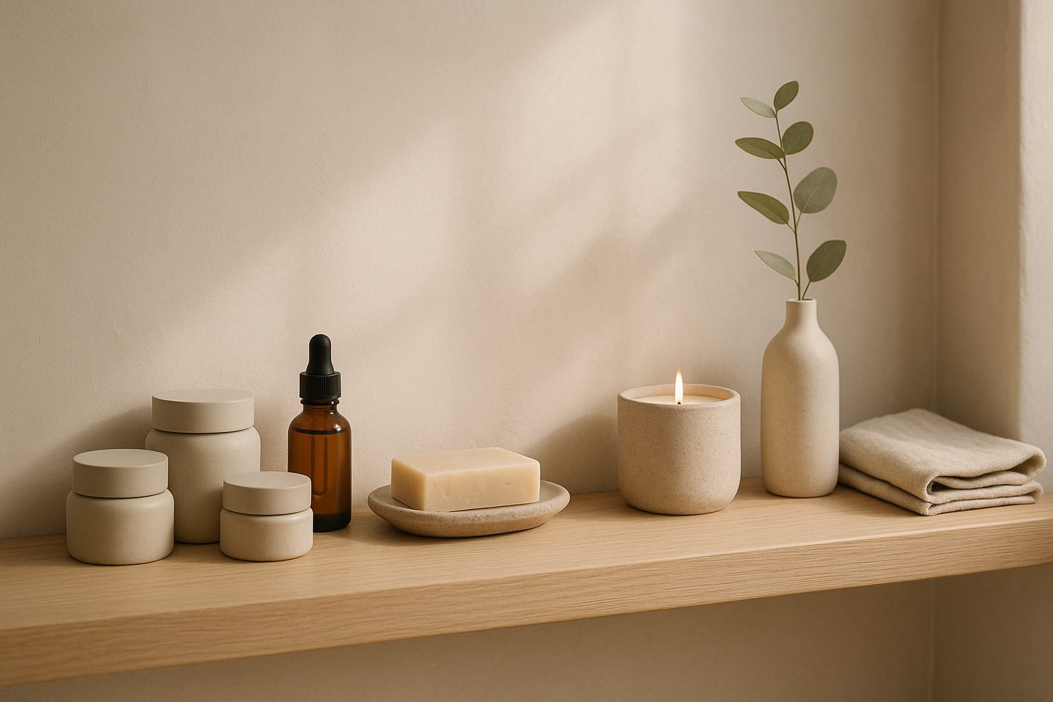 A shelf of ZenLife skincare, soap and candlelight in morning sun