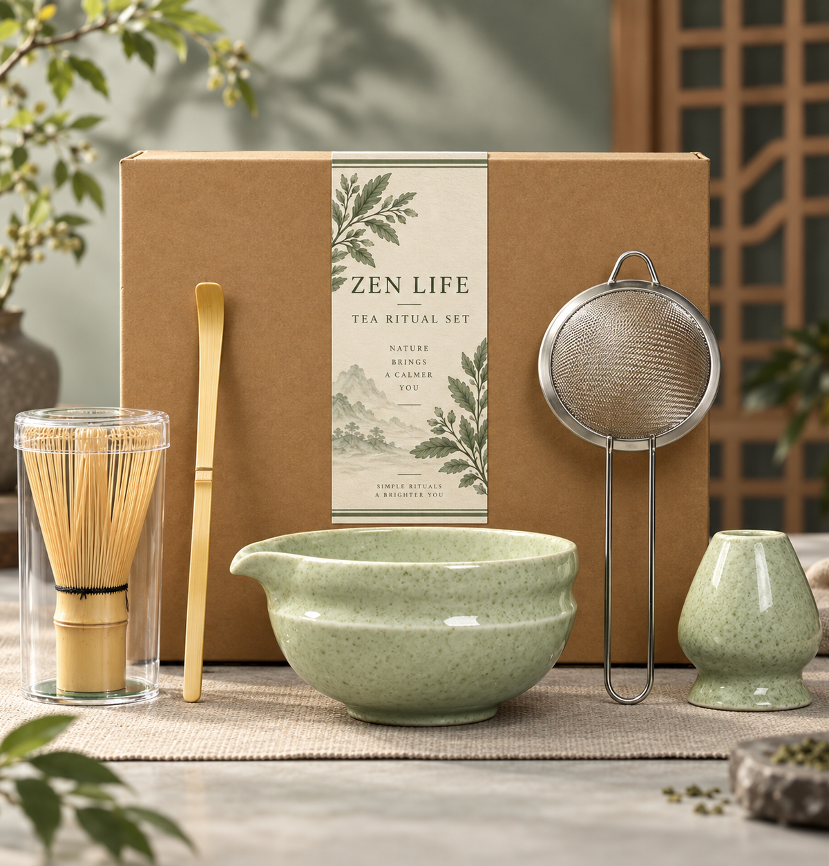 Zen Life 5-Piece Matcha Tea Ritual Set – Ceramic Bowl, Bamboo Whisk, Scoop, Sifter & Whisk Holder —