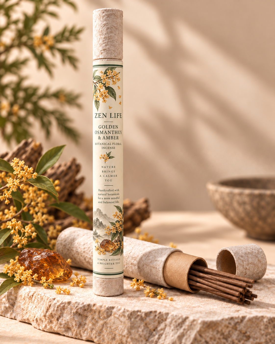 Zen Life Golden Osmanthus & Amber Incense Sticks – Botanical Floral Incense —
