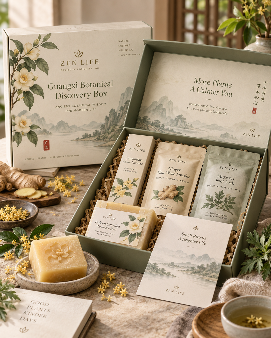 Zen Life Guangxi Botanical Discovery Box – Golden Camellia Soap, Osmanthus Incense, Ginger Hair Wash & Mugwort Bath Ritual…