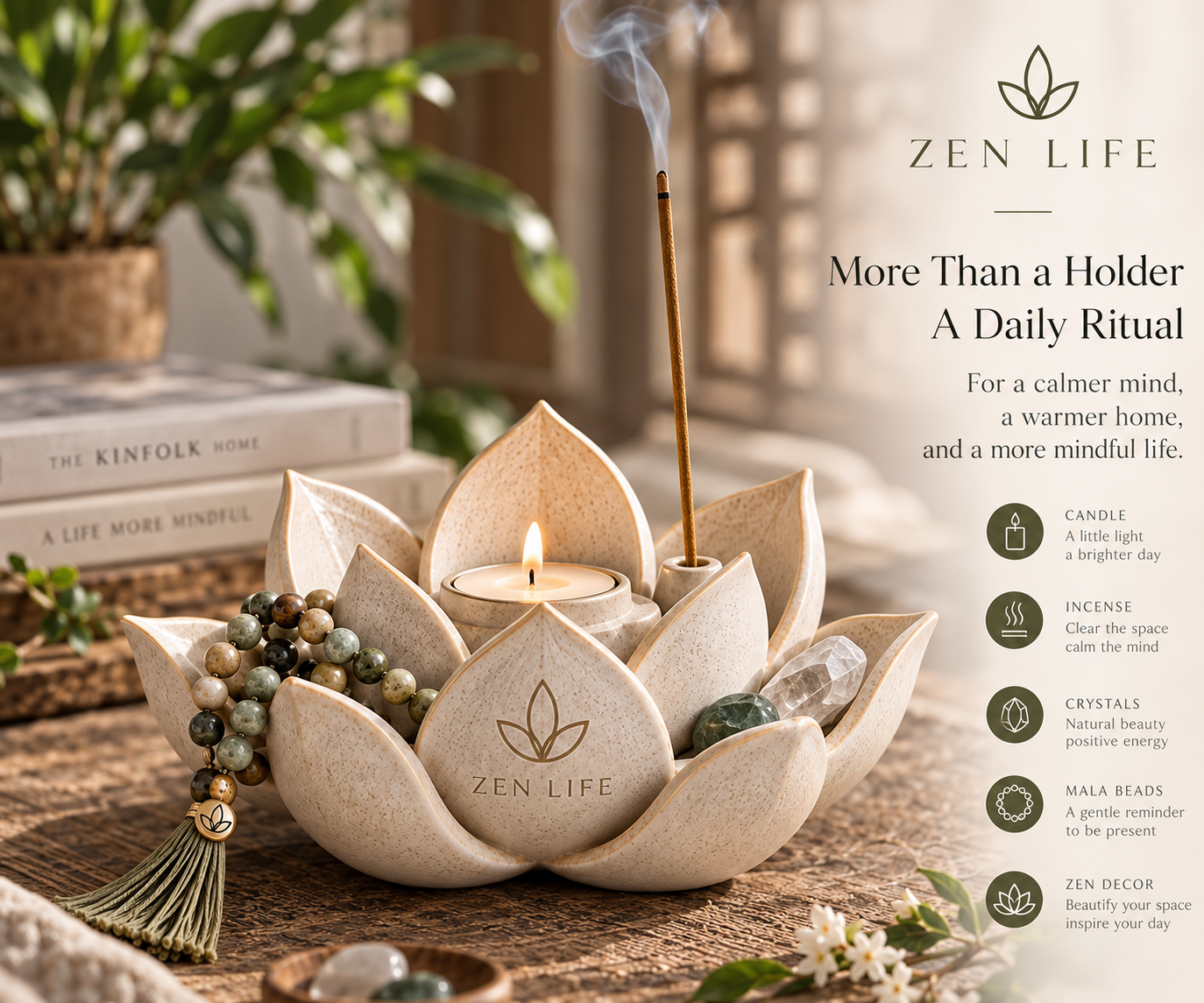 Zen Life Lotus Meditation Ritual Holder – Incense & Tealight Candle Holder, Crystal & Mala Tray, Zen Home Decor(Pre-Order)…