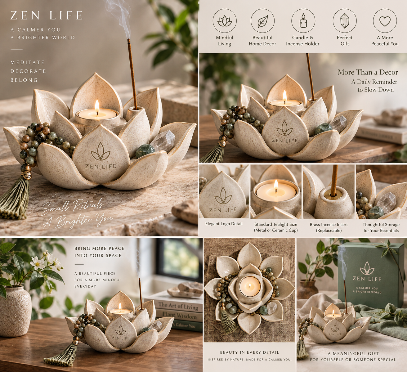Zen Life Lotus Meditation Ritual Holder – Incense & Tealight Candle Holder, Crystal & Mala Tray, Zen Home Decor(Pre-Order)…