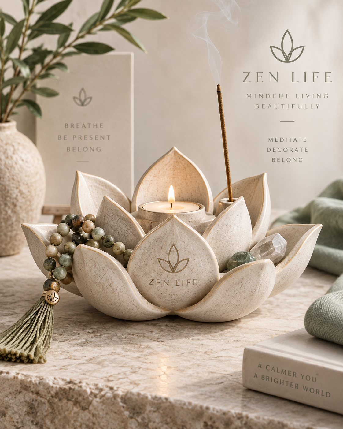 Zen Life Lotus Meditation Ritual Holder – Incense & Tealight Candle Holder, Crystal & Mala Tray, Zen Home Decor(Pre-Order)…
