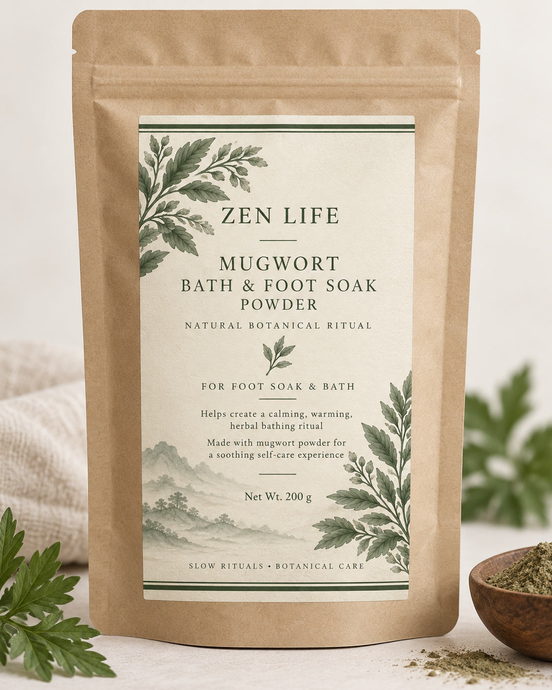Zen Life Mugwort Bath & Foot Soak Powder – 100% Ground Mugwort Leaf Botanical Soak —