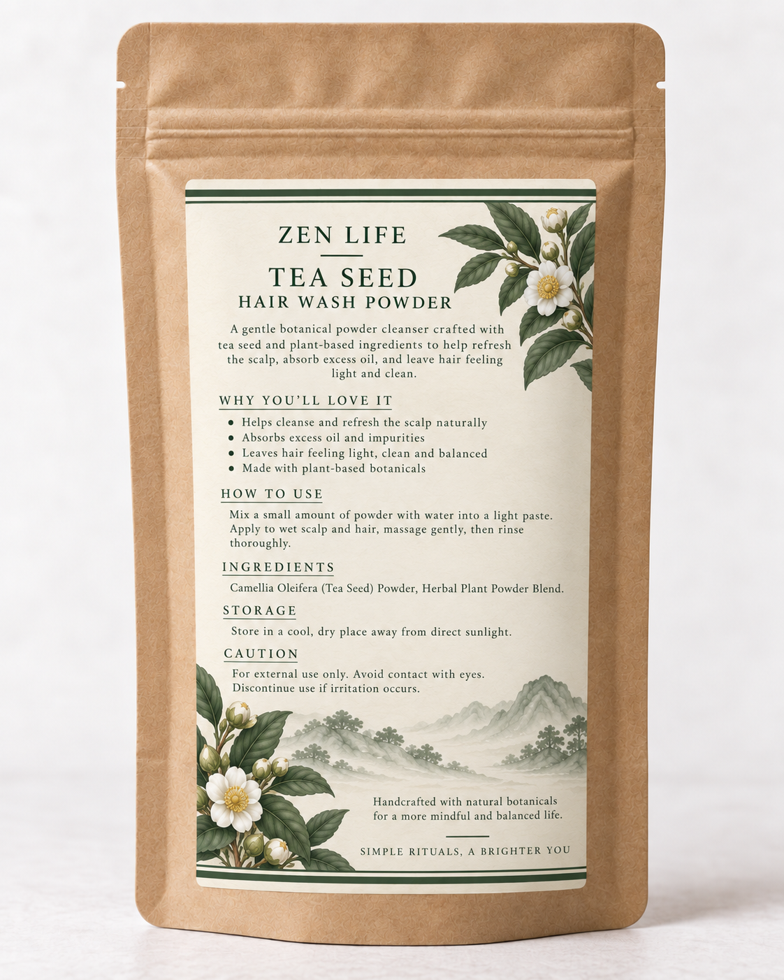 Zen Life Tea Seed Hair Wash Powder – Camellia Oleifera Botanical Scalp Cleanser, Traditional Chinese Hair Ritual…