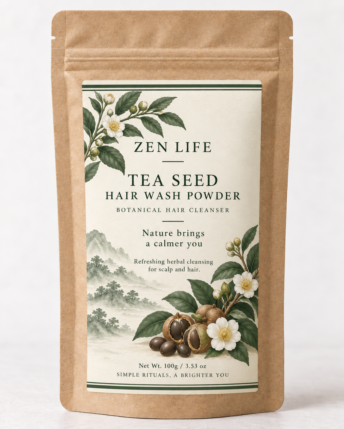 Zen Life Tea Seed Hair Wash Powder – Camellia Oleifera Botanical Scalp Cleanser, Traditional Chinese Hair Ritual…