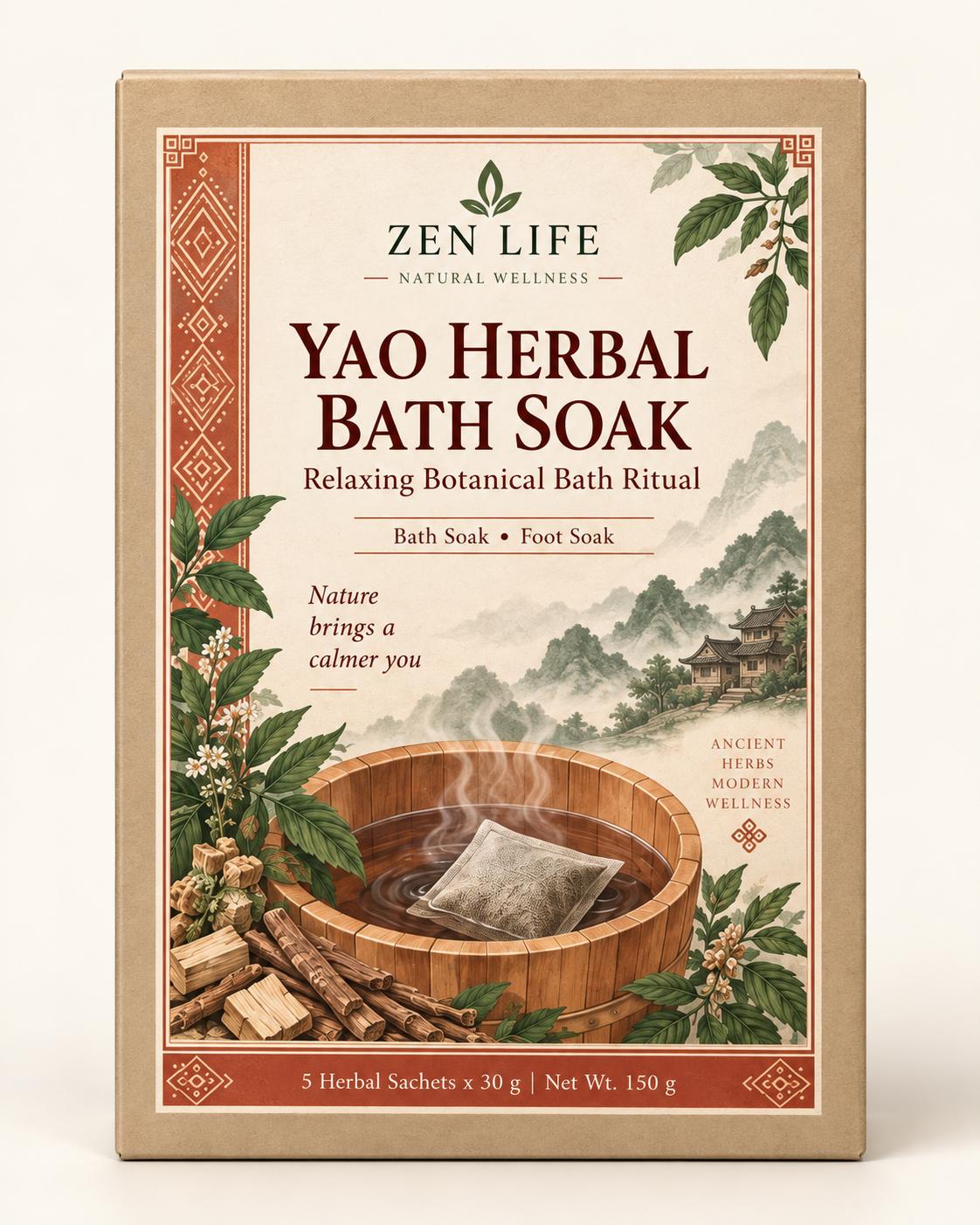 Zen Life Yao Herbal Bath Soak – Traditional Southern China Botanical Bath & Foot Soak, 5 Herbal Sachets —
